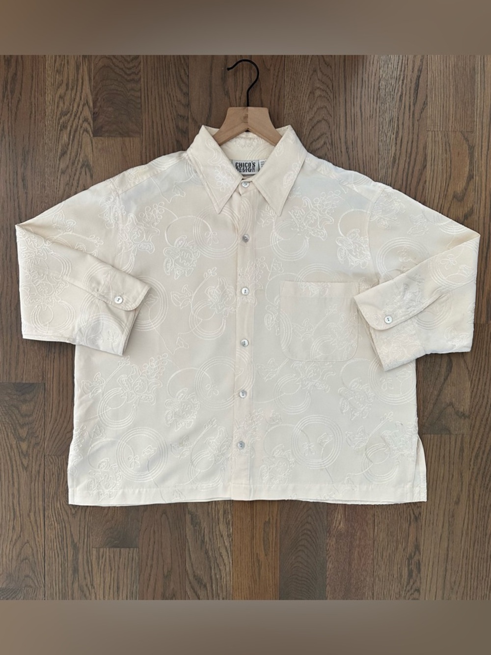 Vintage Chico's Floral Embroidered 100% Silk Button Front Shirt Cream Size 2 / M
